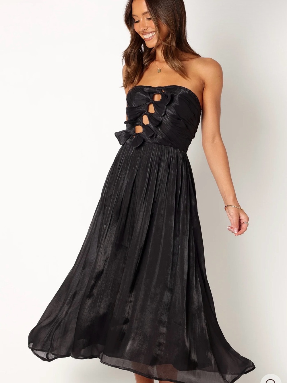 Petal & Pup Strapless Black Shimmery Midi Dress Bow Knot Detail K8